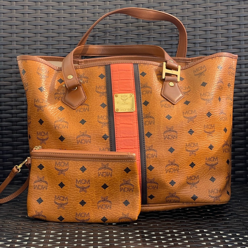 Authentic MCM Cognac Visetos Coated Canvas tote Bag with pouch